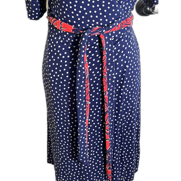 Lilly Pulitzer Navy White Polka Dot Wrap Dress Belted Medium Knee Length Modest - Picture 2 of 9